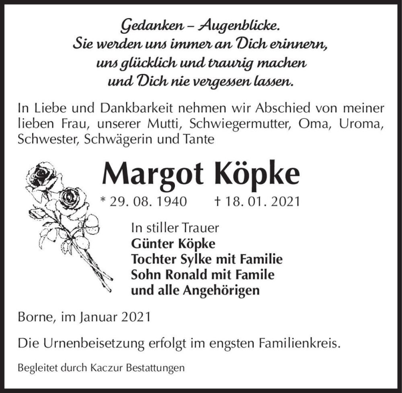  Traueranzeige für Margot Köpke  vom 23.01.2021 aus Magdeburger Volksstimme