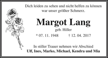 Traueranzeige von Margot Lang (geb. Hiller)  von Magdeburger Volksstimme