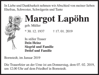 Traueranzeige von Margot Lapöhn (geb. Müller)  von Magdeburger Volksstimme
