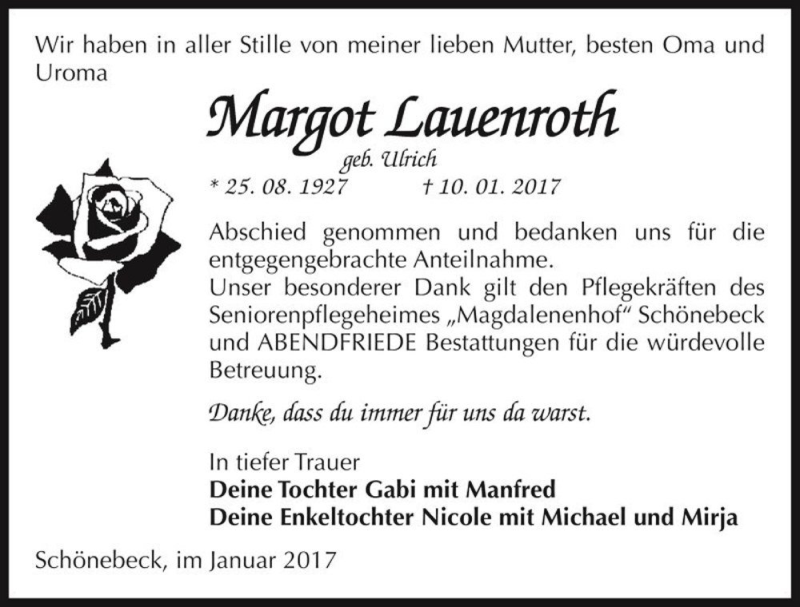  Traueranzeige für Margot Lauenroth (geb. Ulrich)  vom 28.01.2017 aus Magdeburger Volksstimme