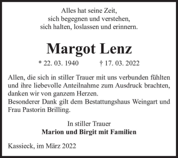Traueranzeige von Margot Lenz  von Magdeburger Volksstimme