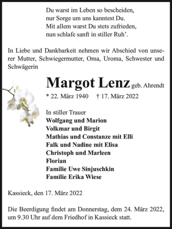 Traueranzeige von Margot Lenz (geb. Ahrendt)  von Magdeburger Volksstimme