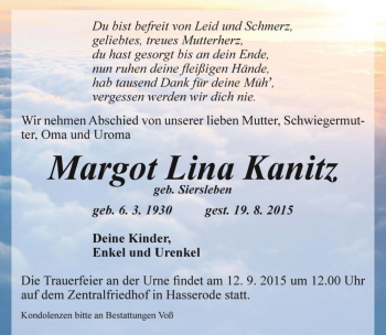 Traueranzeige von Margot Lina Kanitz (geb. Siersleben)  von Magdeburger Volksstimme