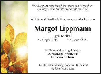 Traueranzeige von Margot Lippmann (geb. Knöller)  von Magdeburger Volksstimme