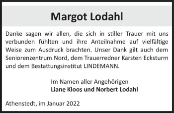 Traueranzeige von Margot Lodahl  von Magdeburger Volksstimme