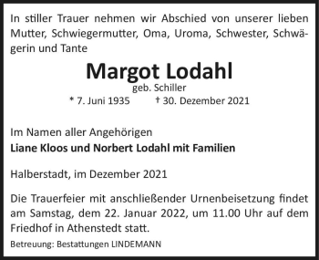 Traueranzeige von Margot Lodahl (geb. Schiller)  von Magdeburger Volksstimme