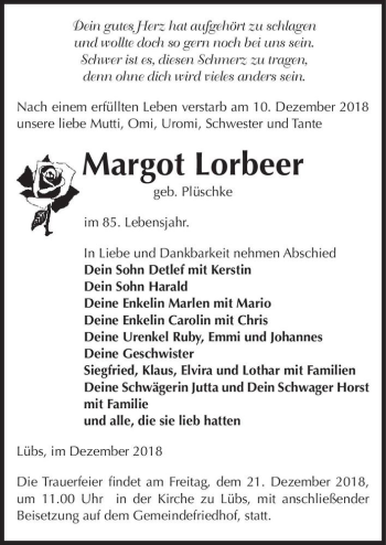 Traueranzeige von Margot Lorbeer (geb. Plüschke)  von Magdeburger Volksstimme