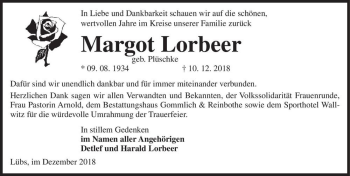 Traueranzeige von Margot Lorbeer (geb. Plüschke)  von Magdeburger Volksstimme