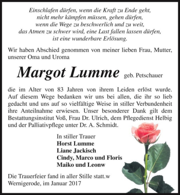 Traueranzeige von Margot Lumme (geb. Petschauer)  von Magdeburger Volksstimme