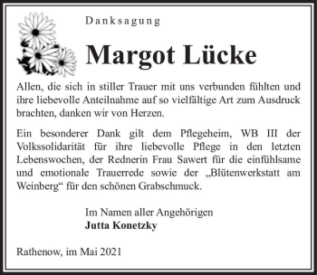 Traueranzeige von Margot Lücke  von Magdeburger Volksstimme