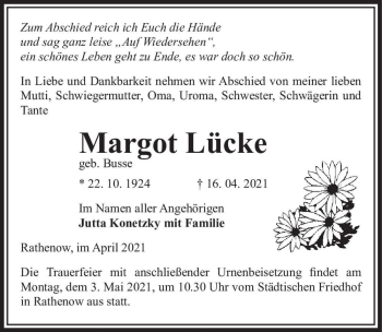 Traueranzeige von Margot Lücke (geb. Busse)  von Magdeburger Volksstimme
