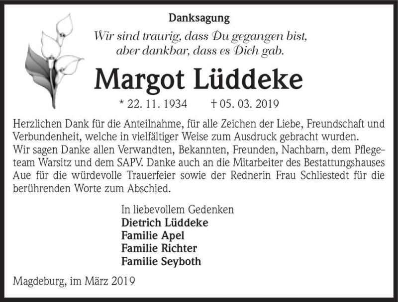  Traueranzeige für Margot Lüddeke  vom 23.03.2019 aus Magdeburger Volksstimme