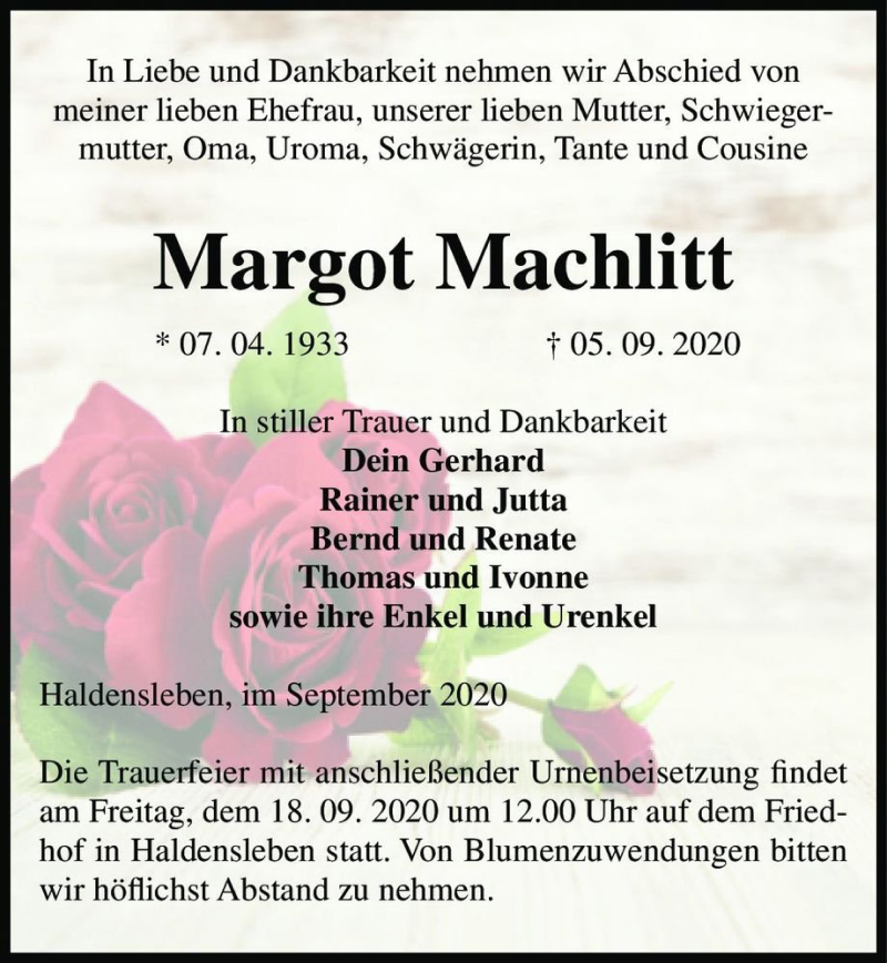  Traueranzeige für Margot Machlitt  vom 12.09.2020 aus Magdeburger Volksstimme