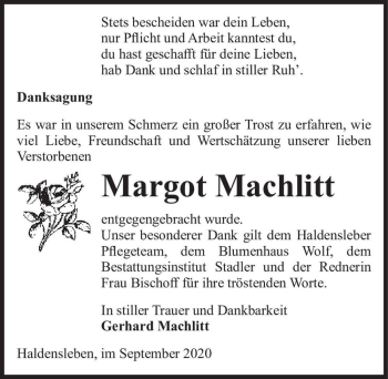Traueranzeige von Margot Machlitt  von Magdeburger Volksstimme
