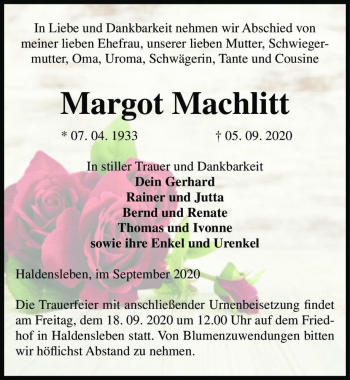 Traueranzeige von Margot Machlitt  von Magdeburger Volksstimme