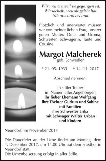 Traueranzeige von Margot Malcherek (geb. Schwedler)  von Magdeburger Volksstimme