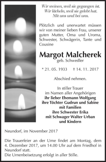 Traueranzeige von Margot Malcherek (geb. Schwedler)  von Magdeburger Volksstimme