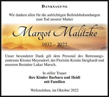 Traueranzeige von Margot Malitzke  von Magdeburger Volksstimme