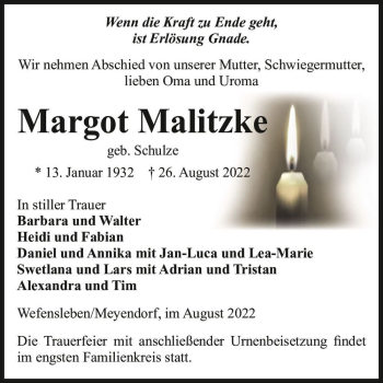Traueranzeige von Margot Malitzke (geb. Schulze)  von Magdeburger Volksstimme