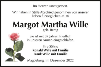 Traueranzeige von Margot Martha Wille (geb. Rettig)  von Magdeburger Volksstimme
