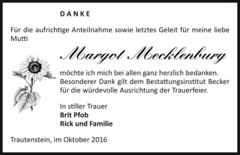 Traueranzeige von Margot Mecklenburg  von Magdeburger Volksstimme