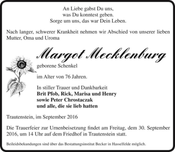 Traueranzeige von Margot Mecklenburg (geb. Schenkel)  von Magdeburger Volksstimme