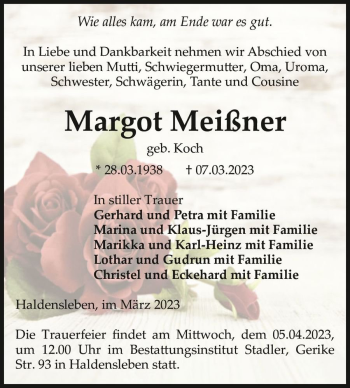 Traueranzeige von Margot Meißner (geb. Koch)  von Magdeburger Volksstimme