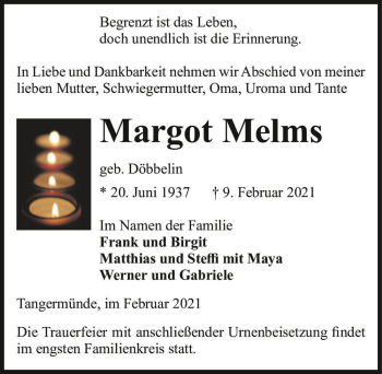 Traueranzeige von Margot Melms (geb. Döbbelin)  von Magdeburger Volksstimme