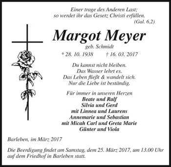 Traueranzeige von Margot Meyer (geb. Schmidt)  von Magdeburger Volksstimme