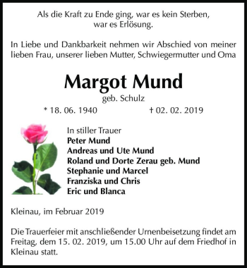 Traueranzeige von Margot Mund (geb. Schulz)  von Magdeburger Volksstimme