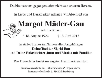 Traueranzeige von Margot Mäder-Gau (geb. Ließmann)  von Magdeburger Volksstimme