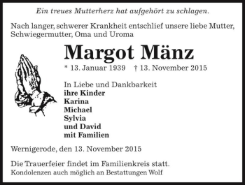 Traueranzeige von Margot Mänz  von Magdeburger Volksstimme