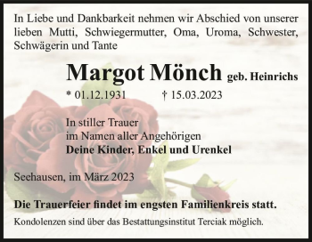 Traueranzeige von Margot Mönch (geb. Heinrichs)  von Magdeburger Volksstimme