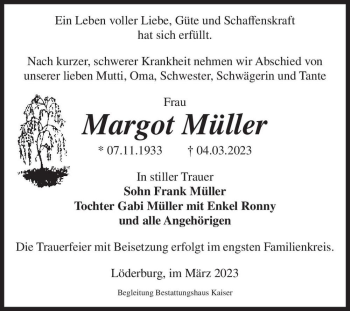 Traueranzeige von Margot Müller  von Magdeburger Volksstimme