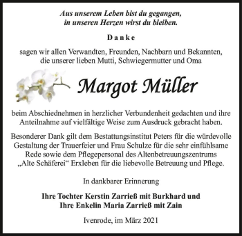 Traueranzeige von Margot Müller  von Magdeburger Volksstimme