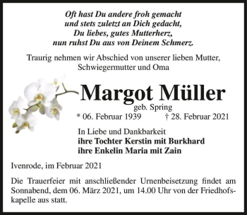 Traueranzeige von Margot Müller (geb. Spring)  von Magdeburger Volksstimme