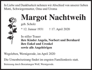 Traueranzeige von Margot Nachtweih (geb. Scholz)  von Magdeburger Volksstimme