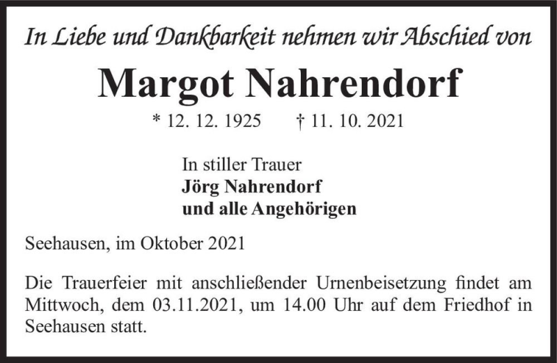  Traueranzeige für Margot Nahrendorf  vom 27.10.2021 aus Magdeburger Volksstimme