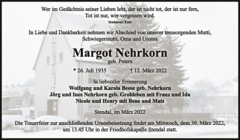 Traueranzeige von Margot Nehrkorn (geb. Peters)  von Magdeburger Volksstimme