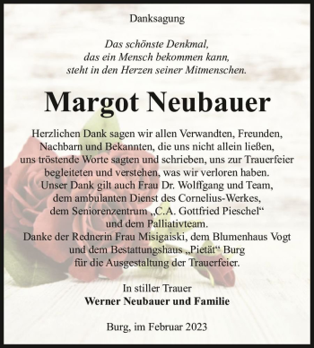 Traueranzeige von Margot Neubauer  von Magdeburger Volksstimme