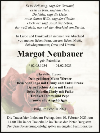 Traueranzeige von Margot Neubauer (geb. Petschlies)  von Magdeburger Volksstimme