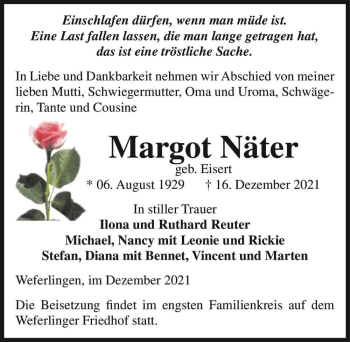 Traueranzeige von Margot Näter (geb. Eisert)  von Magdeburger Volksstimme