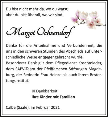 Traueranzeige von Margot Ochsendorf  von Magdeburger Volksstimme