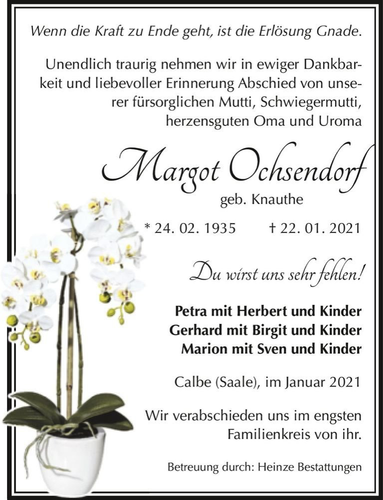  Traueranzeige für Margot Ochsendorf (geb. Knauthe)  vom 30.01.2021 aus Magdeburger Volksstimme
