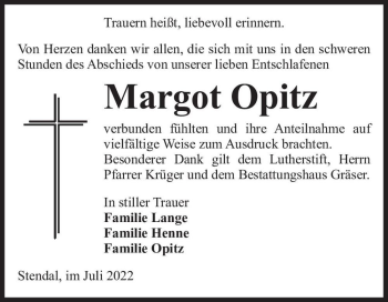 Traueranzeige von Margot Opitz  von Magdeburger Volksstimme
