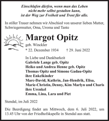 Traueranzeige von Margot Opitz Margot (geb. Winckler)  von Magdeburger Volksstimme