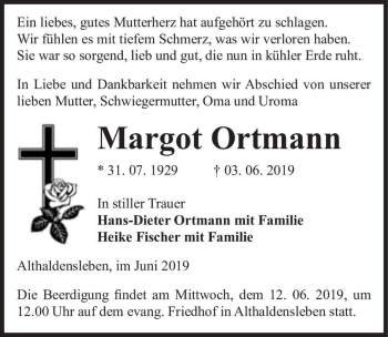 Traueranzeige von Margot Ortmann  von Magdeburger Volksstimme
