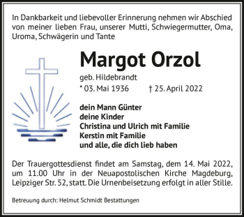 Traueranzeige von Margot Orzol (geb. Hildebrandt)  von Magdeburger Volksstimme