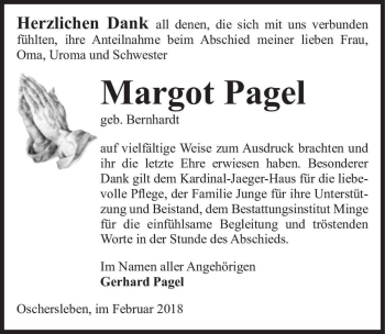 Traueranzeige von Margot Pagel (geb. Bernhardt)  von Magdeburger Volksstimme