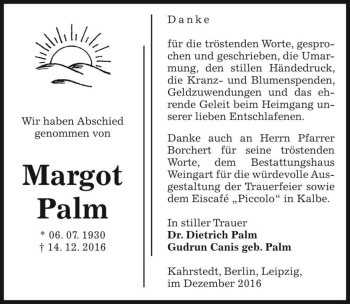 Traueranzeige von Margot Palm  von Magdeburger Volksstimme